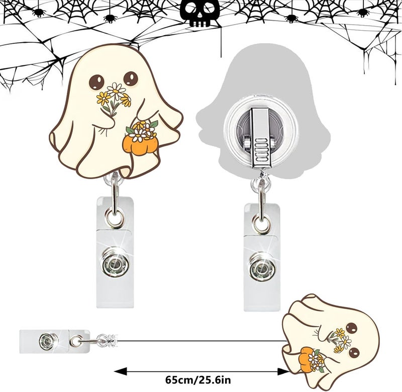 NSSHEL Funny Little Ghost Halloween Badge Reel Cute Badge Clip with Retractable Spooky with Flowers Badge Holder Nurse Doctor ID Name Tag Accessories for Nurse Doctor Teachers Identification Supplies - Image 4
